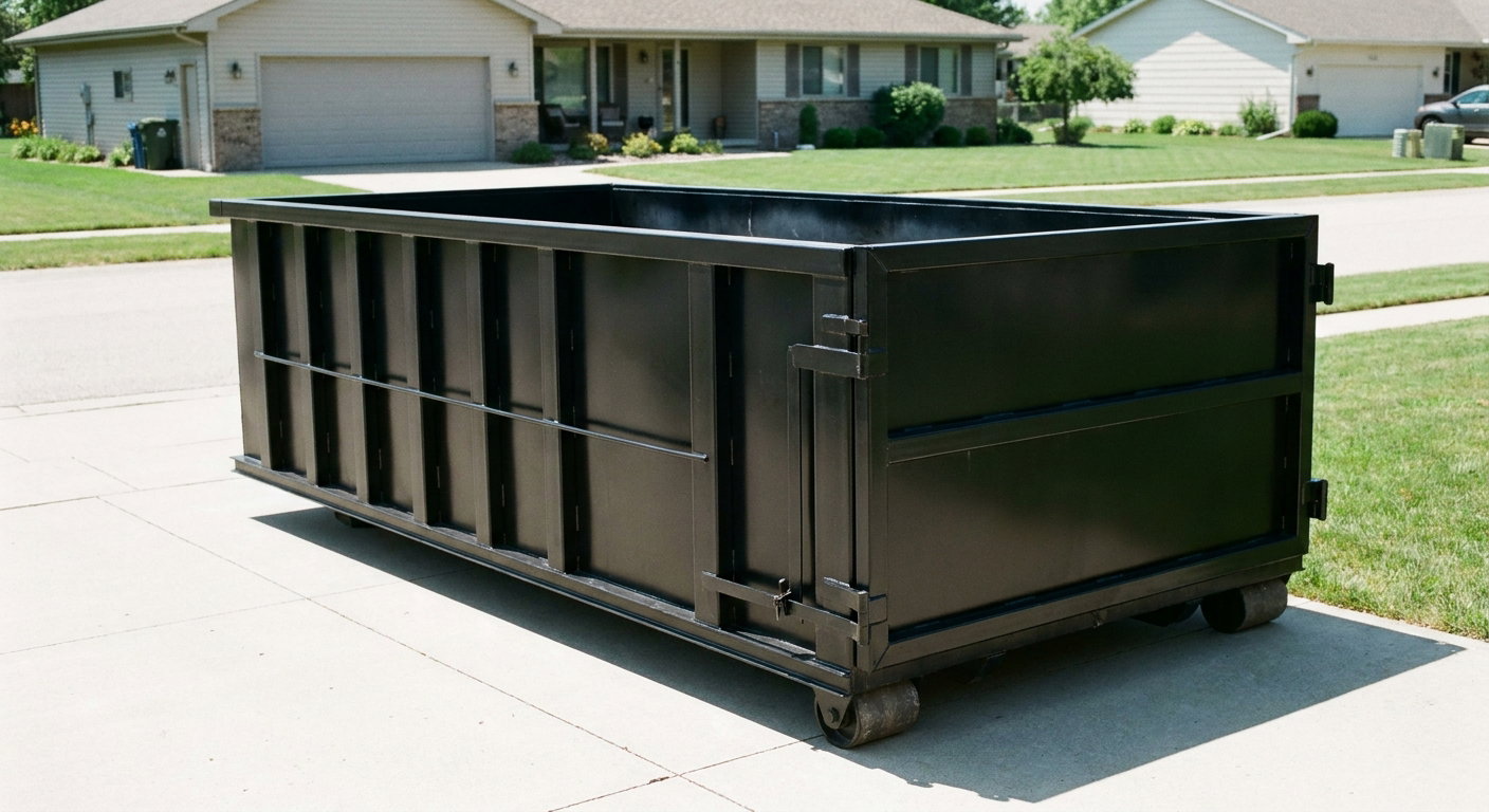 Matte-black 10-yard roll-off dumpster on a residential concrete driveway in Ogden, uniformly painted matte black across every panel and rail, ribbed steel sidewalls and rear swing door visible, mid-day daylight.