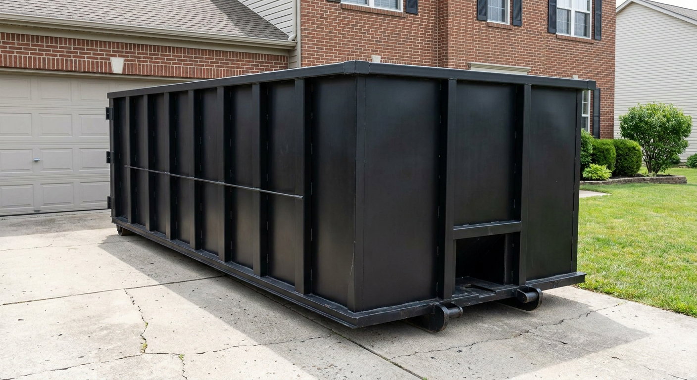 Matte-black 20-yard roll-off container on a Ogden residential concrete driveway with reinforced ribbed steel sidewalls and a hinged rear walk-in door, clean bright daylight.