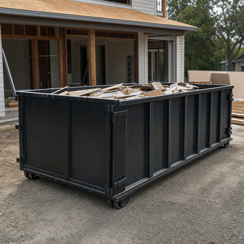 Large matte-black 30-yard construction roll-off dumpster at an active Ogden jobsite, steel-gray top rails and bottom rollers visible, loaded with construction debris.