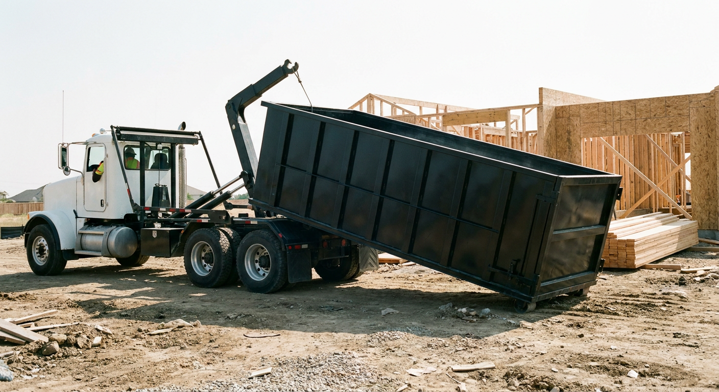 Matte-black roll-off dumpster being delivered onto a clean residential concrete driveway in Ogden by an unmarked white hooklift hauler truck, bright morning daylight, documentary 35mm perspective.